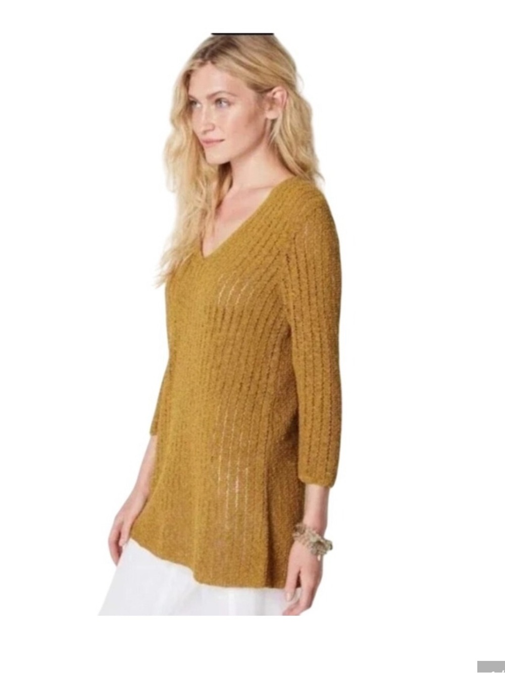 J. Jill Mustard Ribbed V-Neck Tunic Sweater